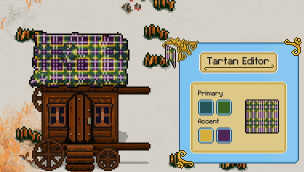 The tartan editor beside a tartan-covered village cart