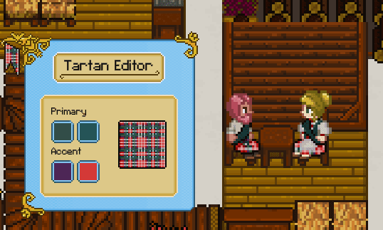 Villagers wearing the default clan tartan indoors