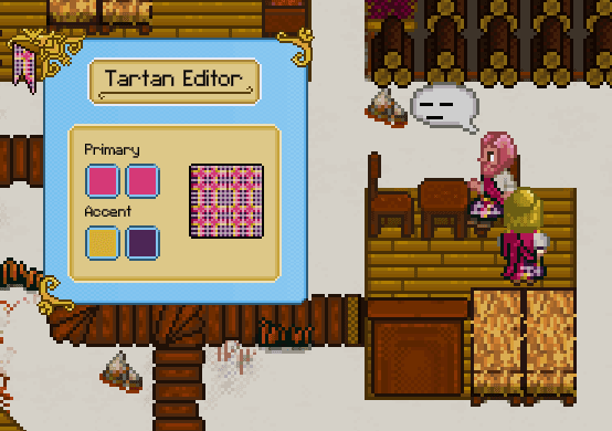 Villagers wearing a pink clan tartan
