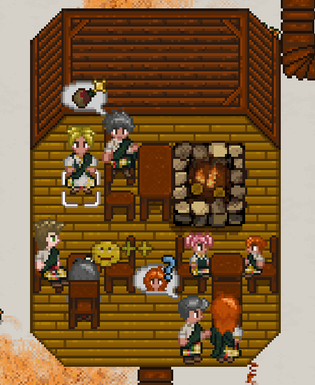 Villagers warming themselves in the Hearth