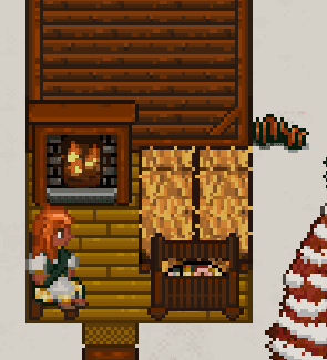 A mother caring for her baby beside a warm fireplace