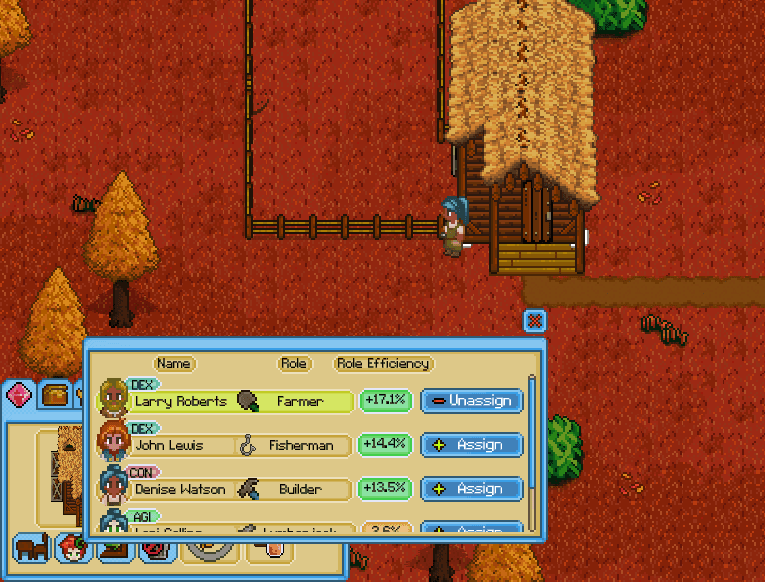 A screenshot showcasing villager job assignment in Highland Hearth