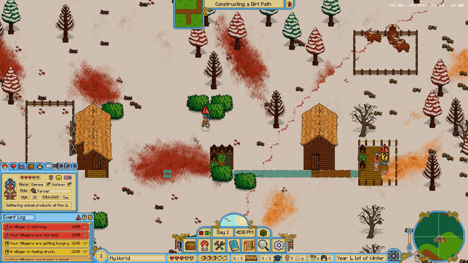 Screenshot of gameplay in winter time, showing constructing paths, while villagers gather milk and build houses.